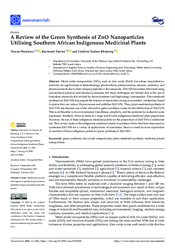 (PDF) A Review of the Green Synthesis of ZnO Nanoparticles Utilising ...