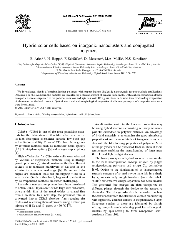 (PDF) Hybrid solar cells based on inorganic nanoclusters and conjugated ...