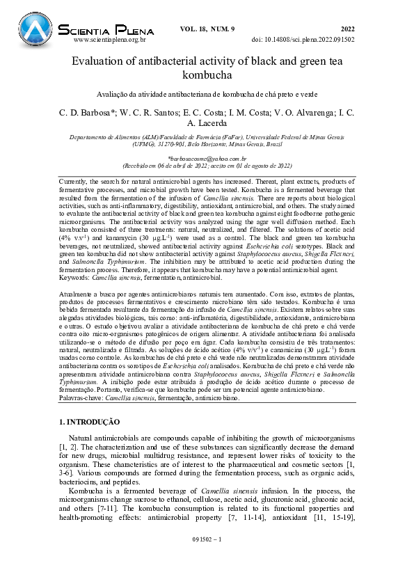 (PDF) Evaluation of antibacterial activity of black and green tea kombucha