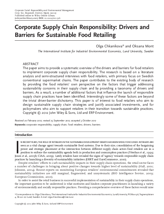 (PDF) Corporate Supply Chain Responsibility: Drivers and Barriers for