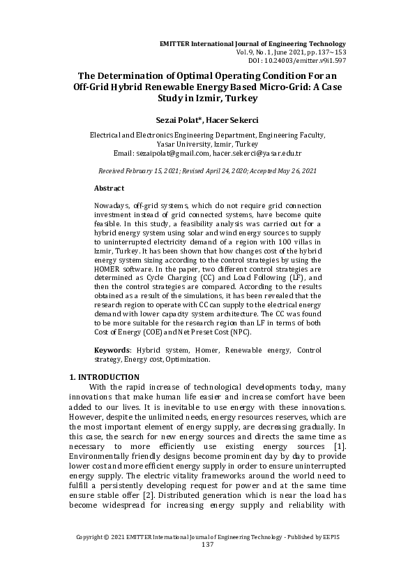 (PDF) The Determination of Optimal Operating Condition For an Off-Grid ...