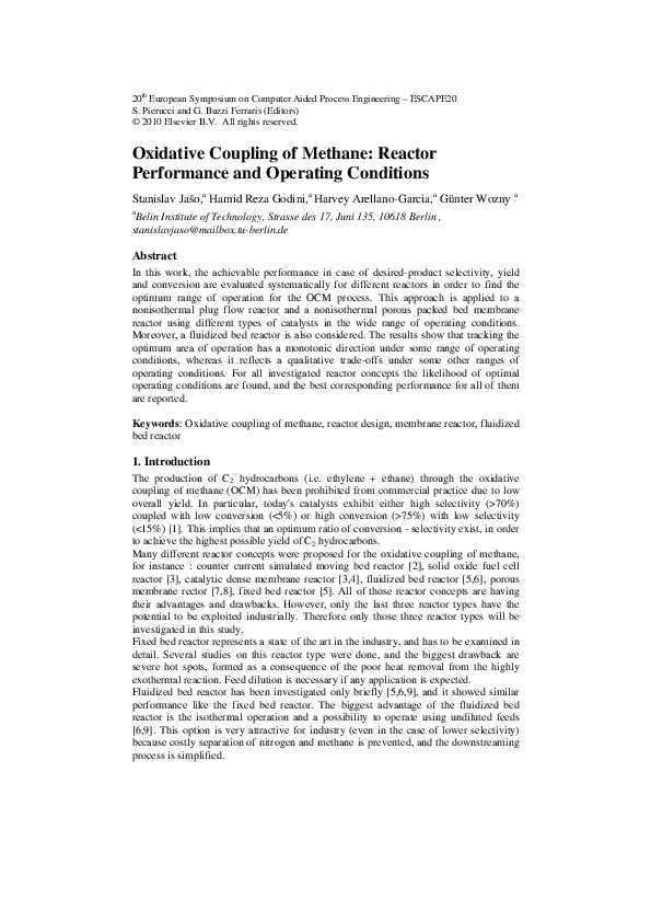 (PDF) Oxidative Coupling of Methane: Reactor Performance and Operating ...