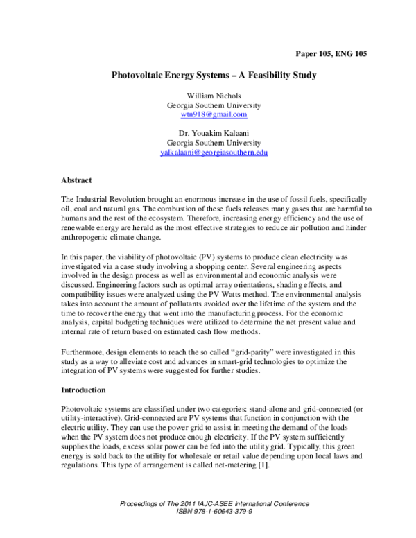 (PDF) Photovoltaic Energy Systems - A Feasibility Study