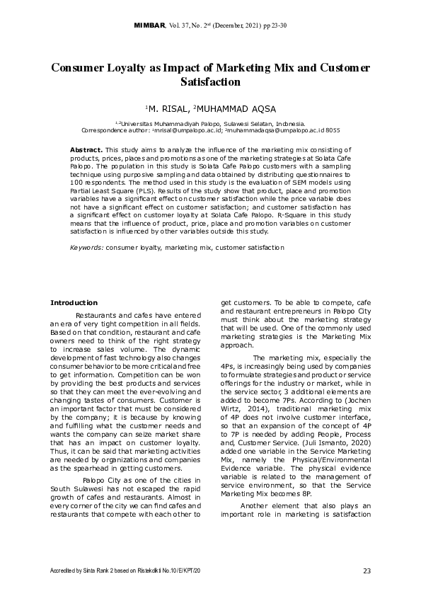 (PDF) Consumer Loyalty as Impact of Marketing Mix and Customer Satisfaction
