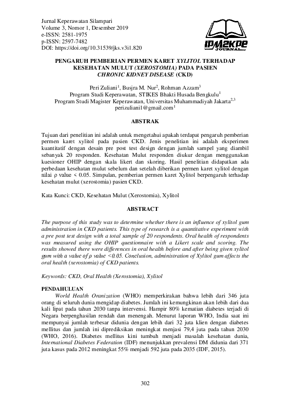 (PDF) Pengaruh Pemberian Permen Karet Xylitol terhadap Kesehatan Mulut (Xerostomia) pada Pasien