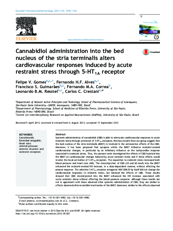 Cannabidiol administration into the bed nucleus of the stria terminalis alters cardiovascular responses induced by acute restraint stress through 5-HT1A receptor