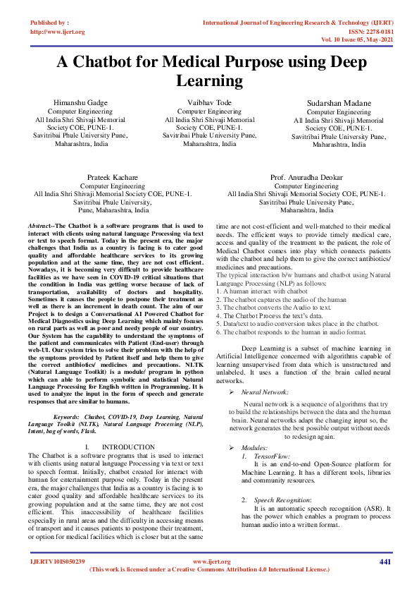(PDF) A Chatbot for Medical Purpose using Deep Learning