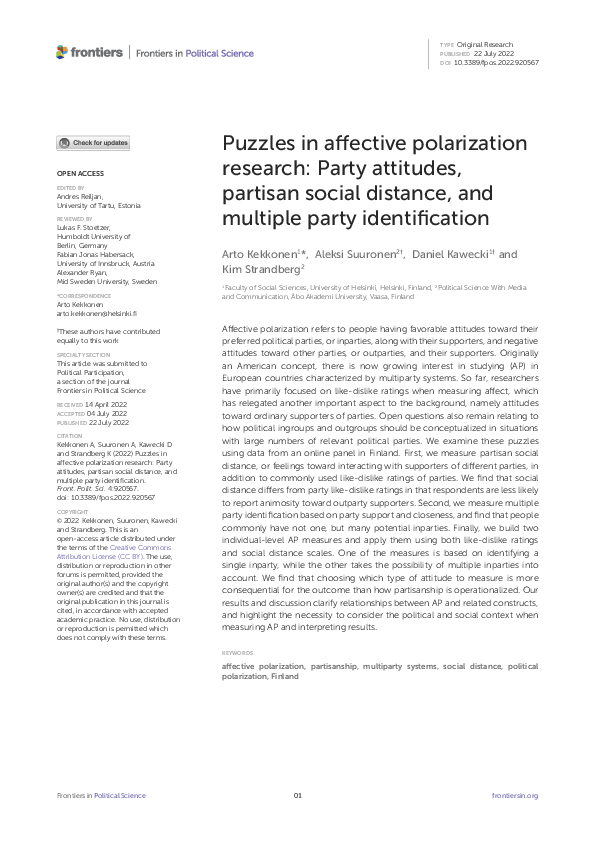 (PDF) Puzzles in affective polarization research: Party attitudes ...