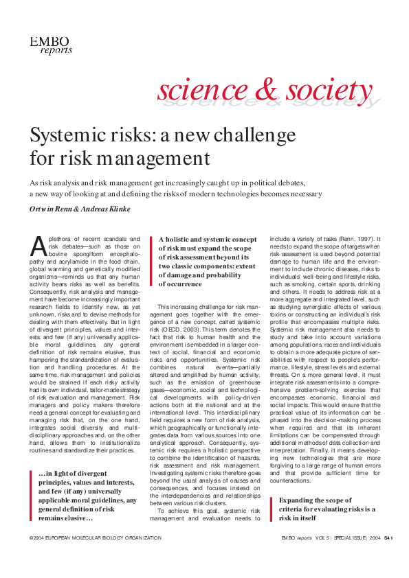 (PDF) Systemic risks: a new challenge for risk management
