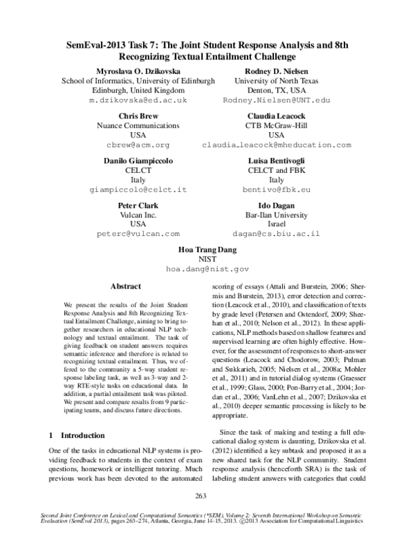 (PDF) SemEval-2013 task 7: The joint student response analysis and 8th ...