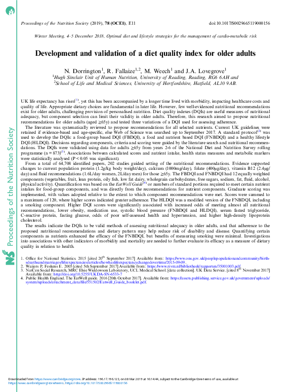 (PDF) Development and validation of a diet quality index for older adults