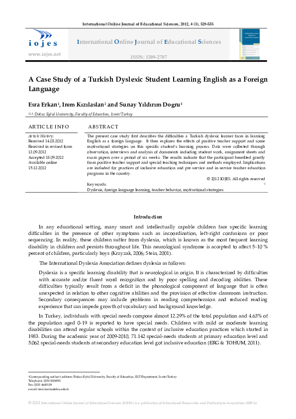 (PDF) A Case Study of a Turkish Dyslexic Student Learning English as a