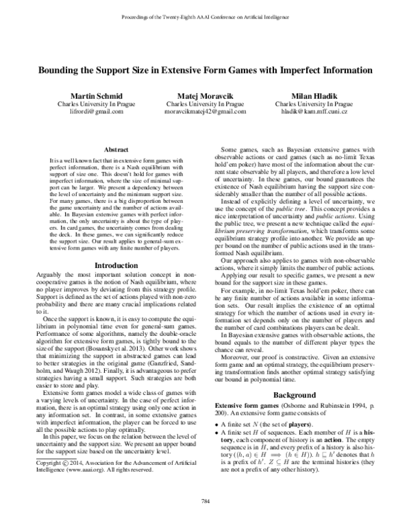 (PDF) Bounding the Support Size in Extensive Form Games with Imperfect ...