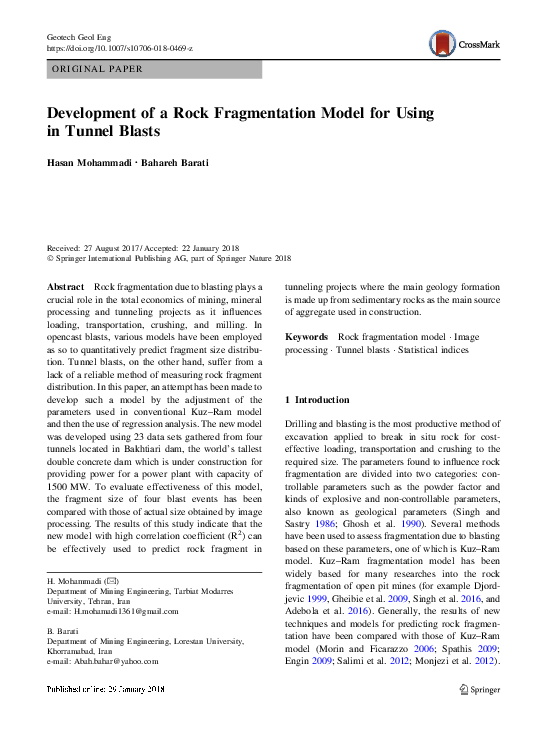 (PDF) Development of a Rock Fragmentation Model for Using in Tunnel Blasts