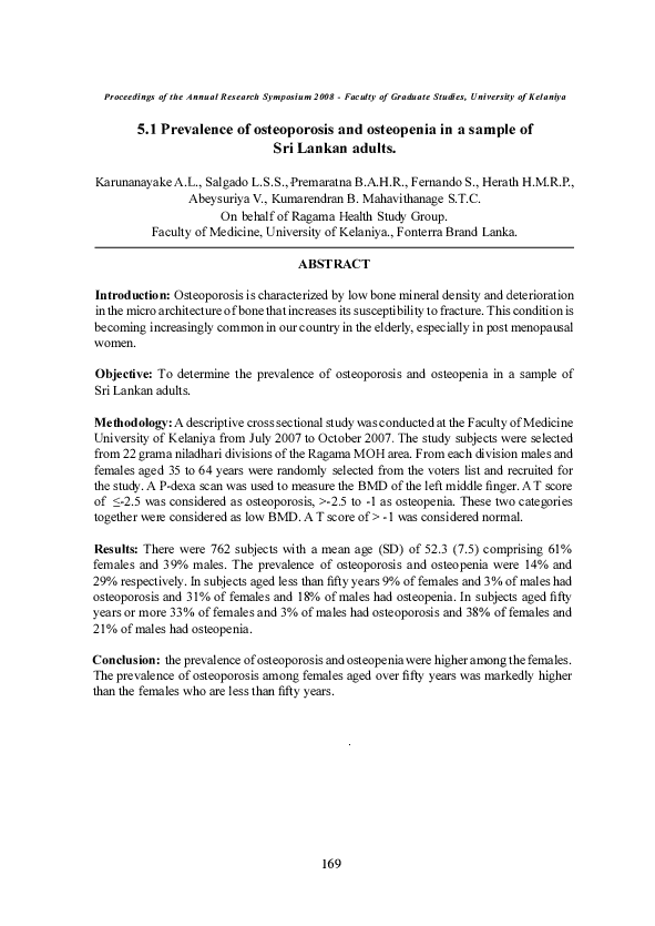 (PDF) Prevalence of osteoporosis and osteopenia in a sample of Sri ...