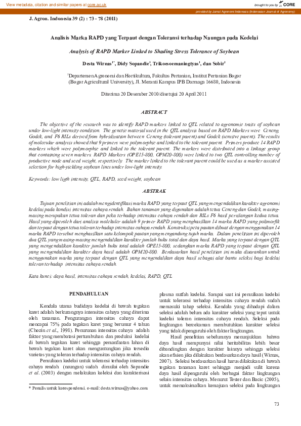 (PDF) Analisis Marka RAPD yang Terpaut dengan Toleransi terhadap ...