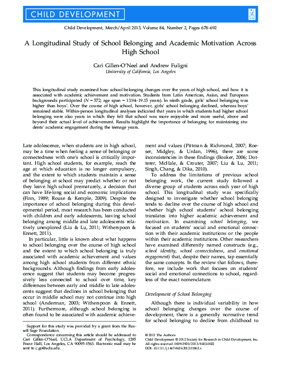 (PDF) A Longitudinal Study of School Belonging and Academic Motivation ...