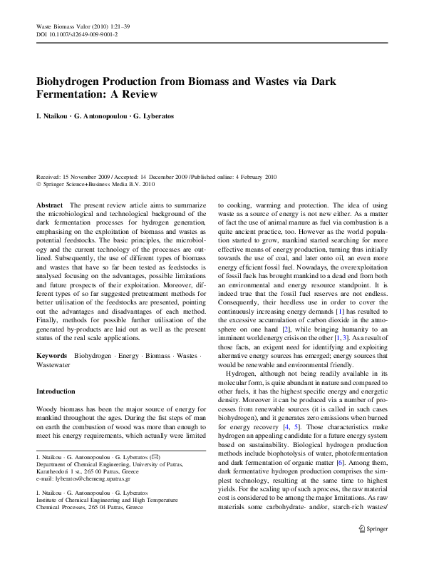 (PDF) Biohydrogen Production from Biomass and Wastes via Dark ...