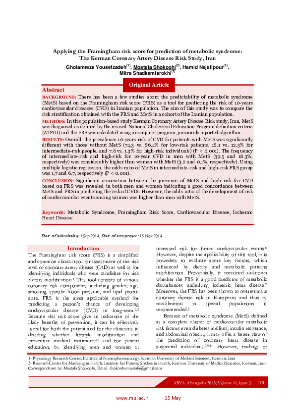 (PDF) Applying the Framingham risk score for prediction of metabolic ...