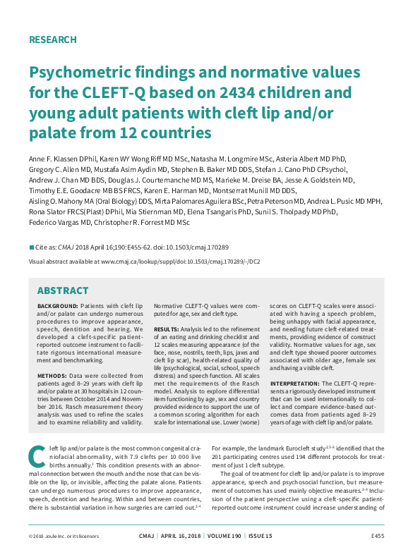 (PDF) Psychometric findings and normative values for the CLEFT-Q based ...