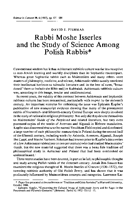 (PDF) David E. Fishman, “Rabbi Moshe Isserles and the Study of Science ...