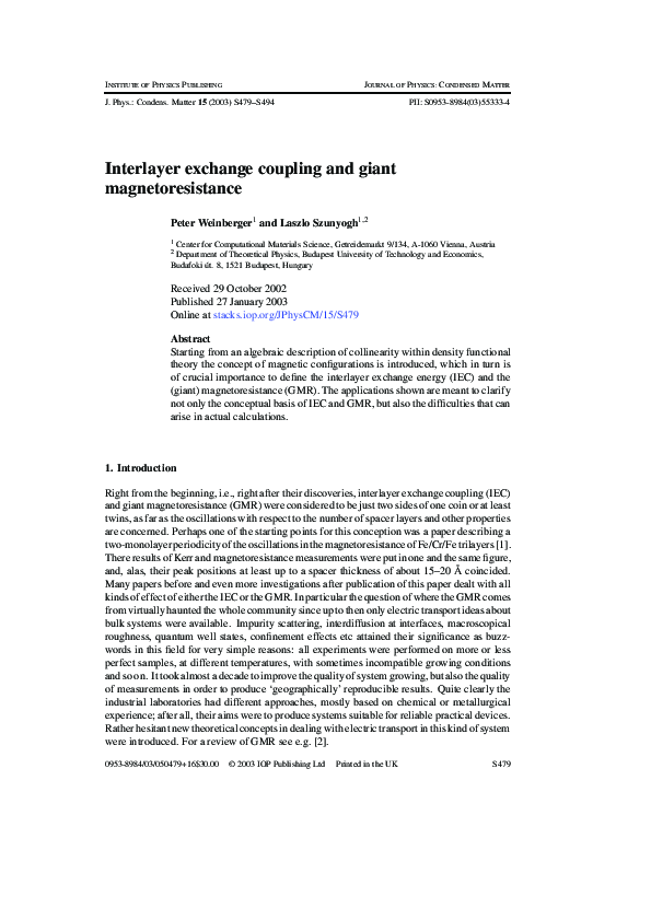 (PDF) Interlayer exchange coupling and giant magnetoresistance