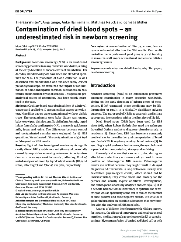 (PDF) Contamination of dried blood spots – an underestimated risk in ...