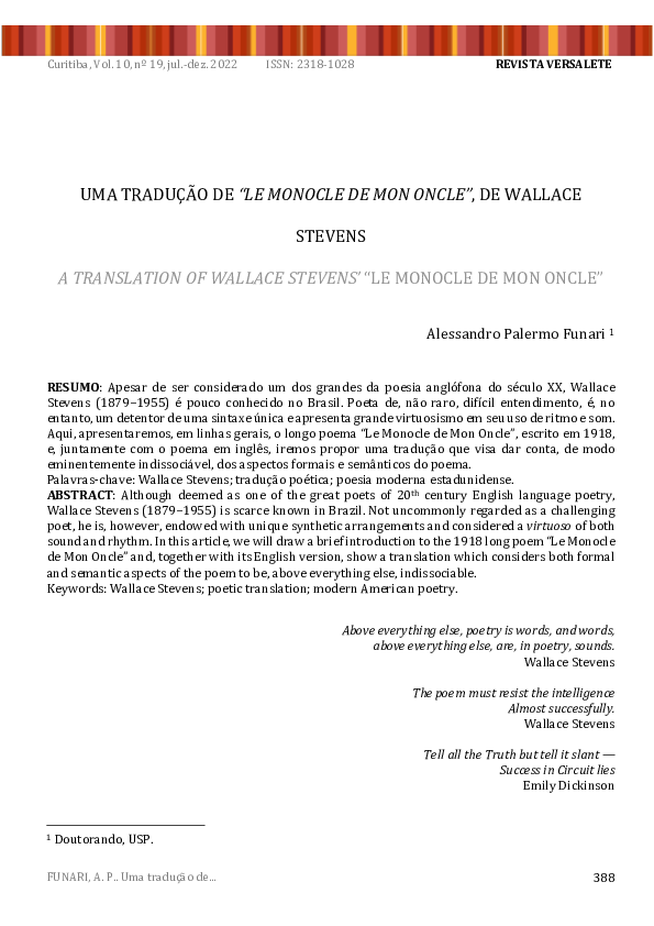 (PDF) A TRANSLATION OF WALLACE STEVENS' 