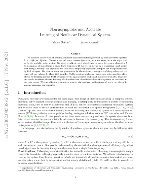 (PDF) Non-asymptotic and Accurate Learning of Nonlinear Dynamical Systems