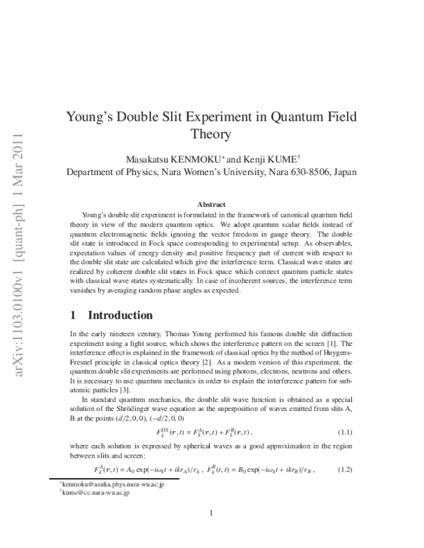 (PDF) Young's Double Slit Experiment in Quantum Field Theory | Kenji ...