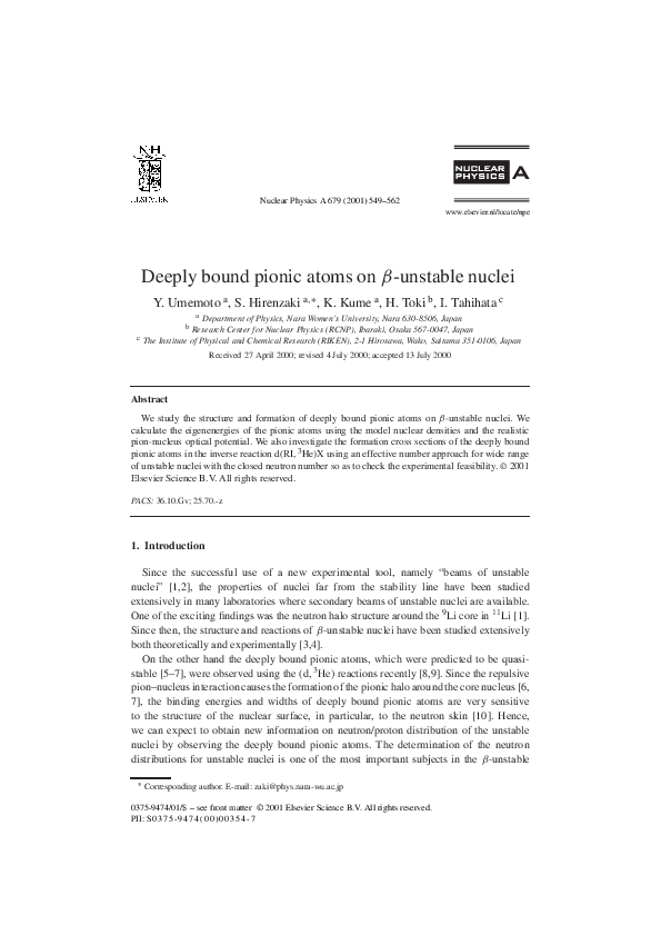 (PDF) Deeply bound pionic atoms on -unstable nuclei