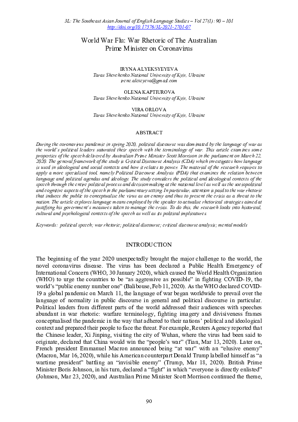 (PDF) World War Flu: War Rhetoric of The Australian Prime Minister on ...