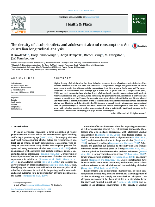 (PDF) The density of alcohol outlets and adolescent alcohol consumption ...