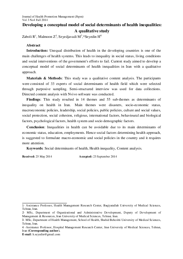 (PDF) Developing a conceptual model of social determinants of health ...