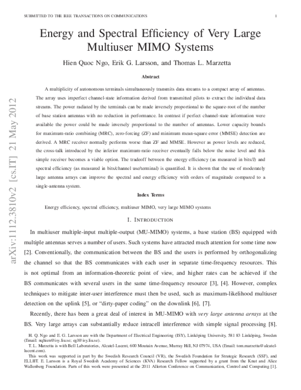 (PDF) Energy and Spectral Efficiency of Very Large Multiuser MIMO Systems