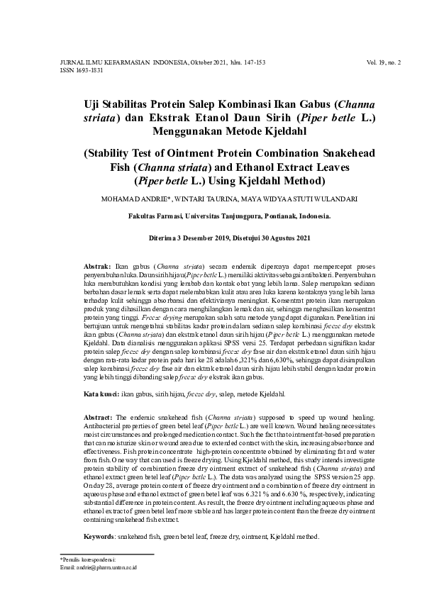 (PDF) Uji Stabilitas Protein Salep Kombinasi Ikan Gabus (Channa striata
