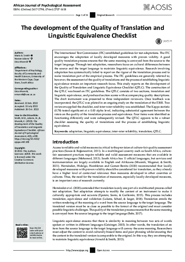 (PDF) The development of the Quality of Translation and Linguistic ...