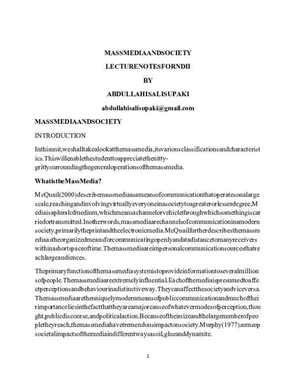(DOC) MASS MEDIA AND SOCIETY LECTURE NOTES FOR NDII