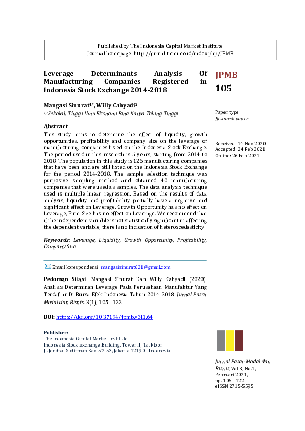 (PDF) Leverage Determinants Analysis Of Manufacturing Companies ...