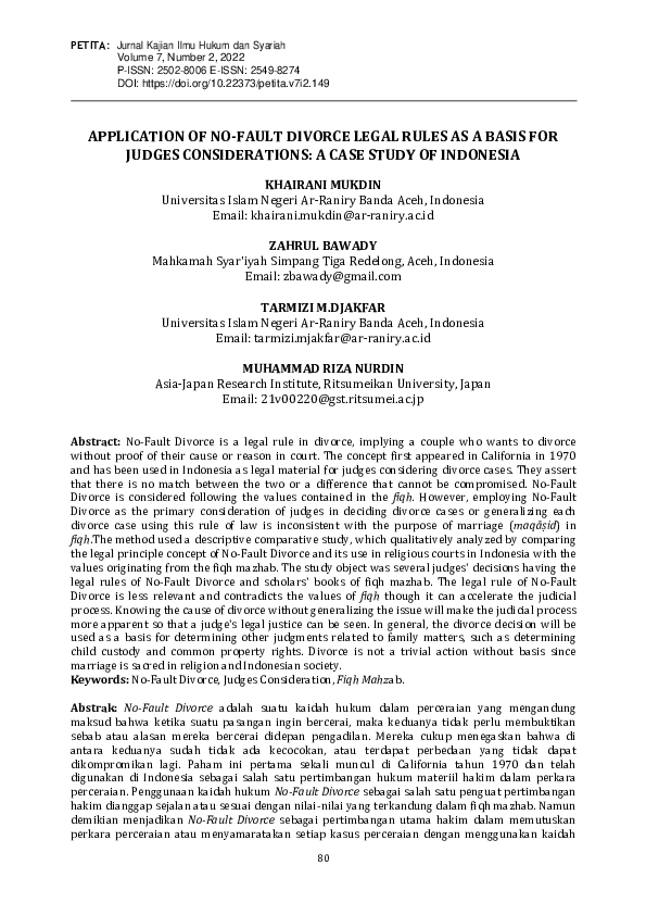 (PDF) Application of No-Fault Divorce Legal Rules as a Basis for Judges ...