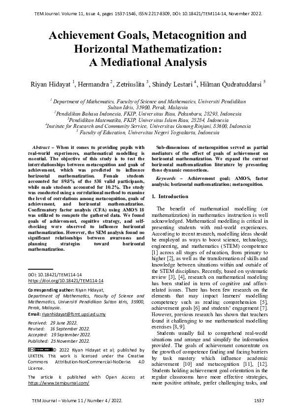 (PDF) Achievement Goals, Metacognition and Horizontal Mathematization ...