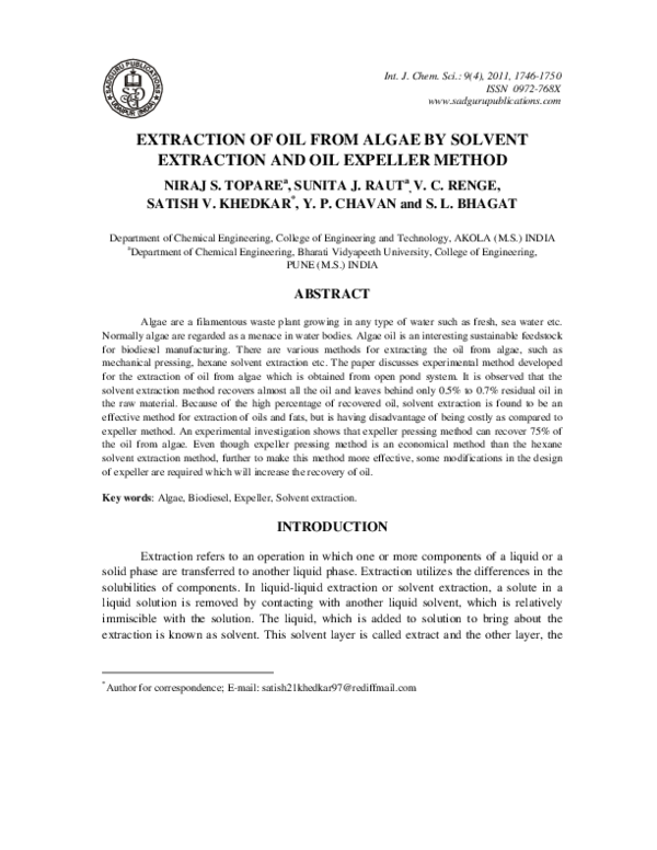 (PDF) Extraction of oil from algae by solvent extraction and oil