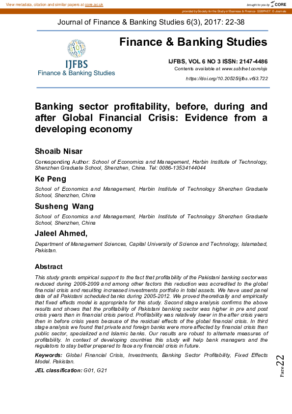 (PDF) Banking Sector Profitability, Before, During and After Global ...