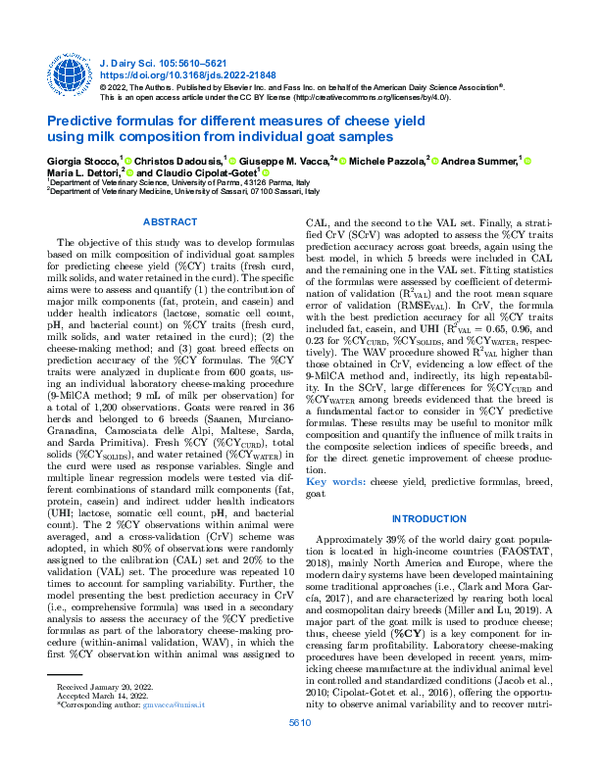 (PDF) Predictive formulas for different measures of cheese yield using