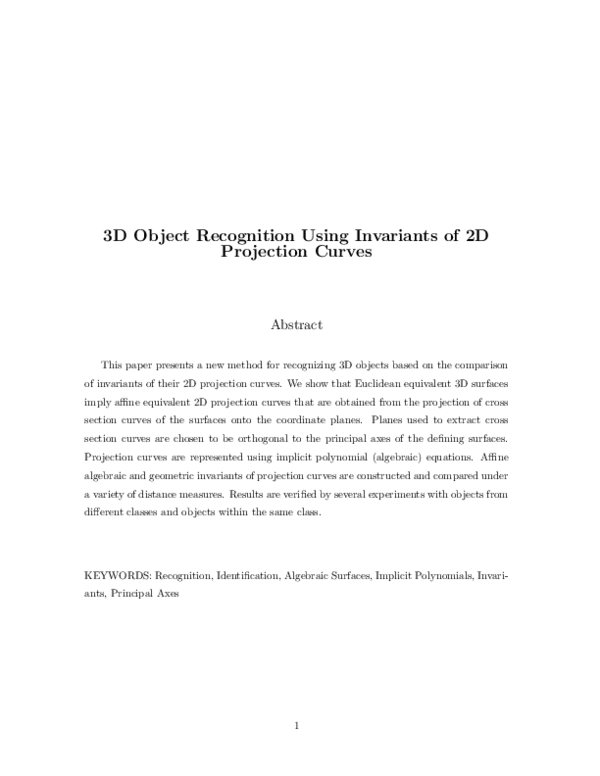 (PDF) 3D object recognition using invariants of 2D projection curves