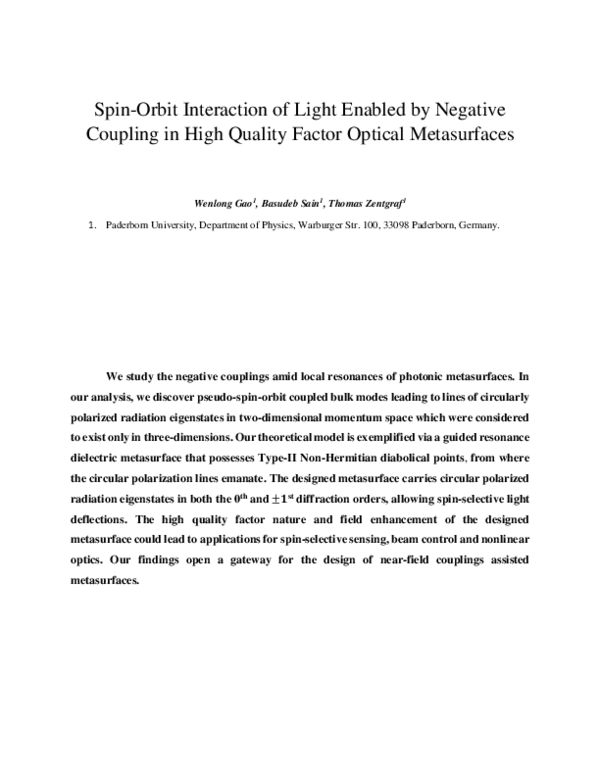 (PDF) Spin-Orbit Interaction of Light Enabled by Negative Coupling in ...
