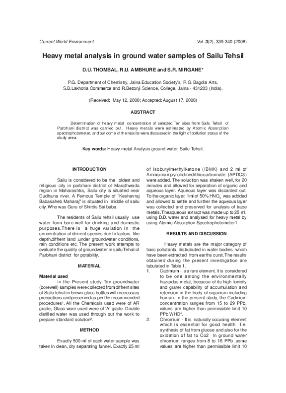 (PDF) Heavy metal analysis in ground water samples of Sailu Tehsil