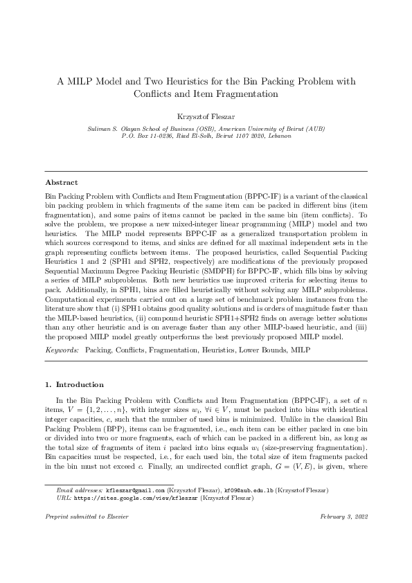 (PDF) A MILP Model and Two Heuristics for the Bin Packing Problem with
