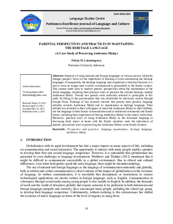 (PDF) Parental Perspectives and Practices in Maintaining the Heritage