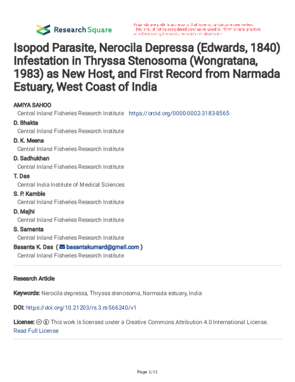 (PDF) Isopod Parasite, Nerocila Depressa (Edwards, 1840) Infestation in ...
